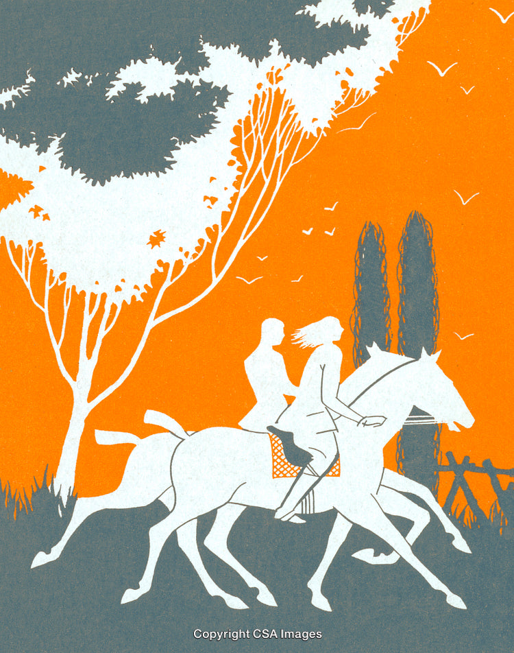 Silhouetted Riders on Horseback Through an Orange and White Scenic Landscape