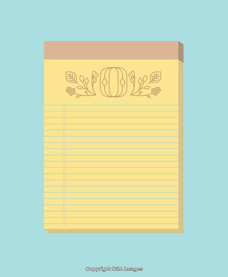 Illustrated Yellow Notepad with Ornamental Design on Blue Background