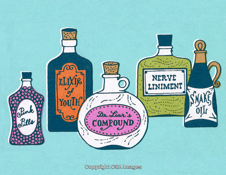 Vintage Illustration of Quack Medicine Bottles with Fictional Labels