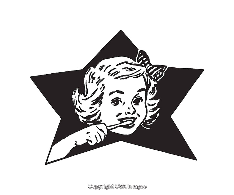 Retro Style Line Art of Girl Brushing Teeth with a Star Background