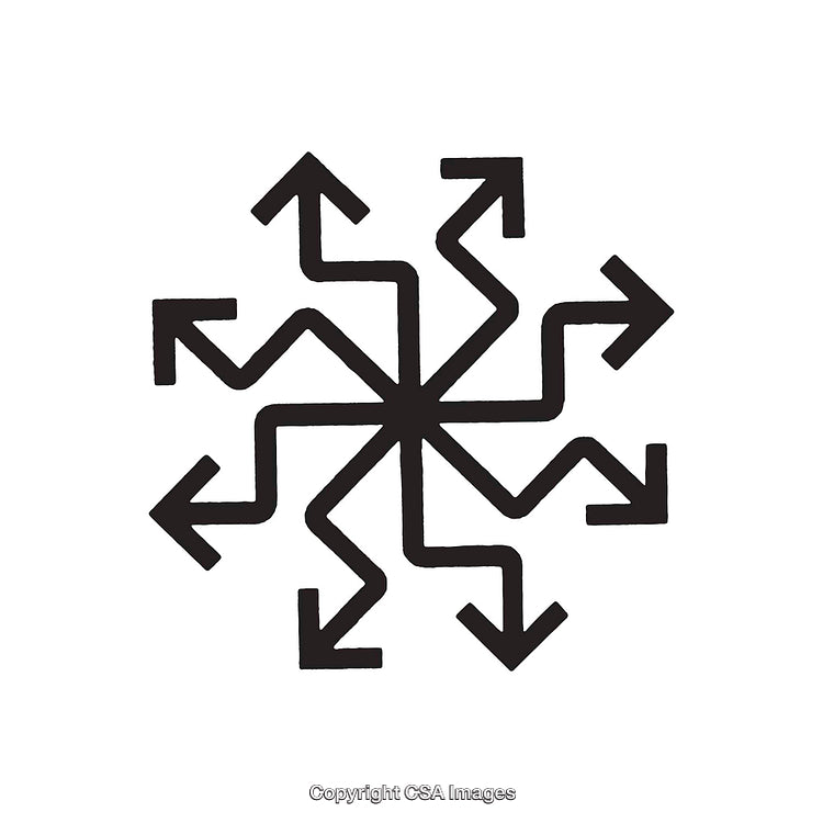 Black and White Dingbat Symbol with Arrows Diverging in Multiple Directions