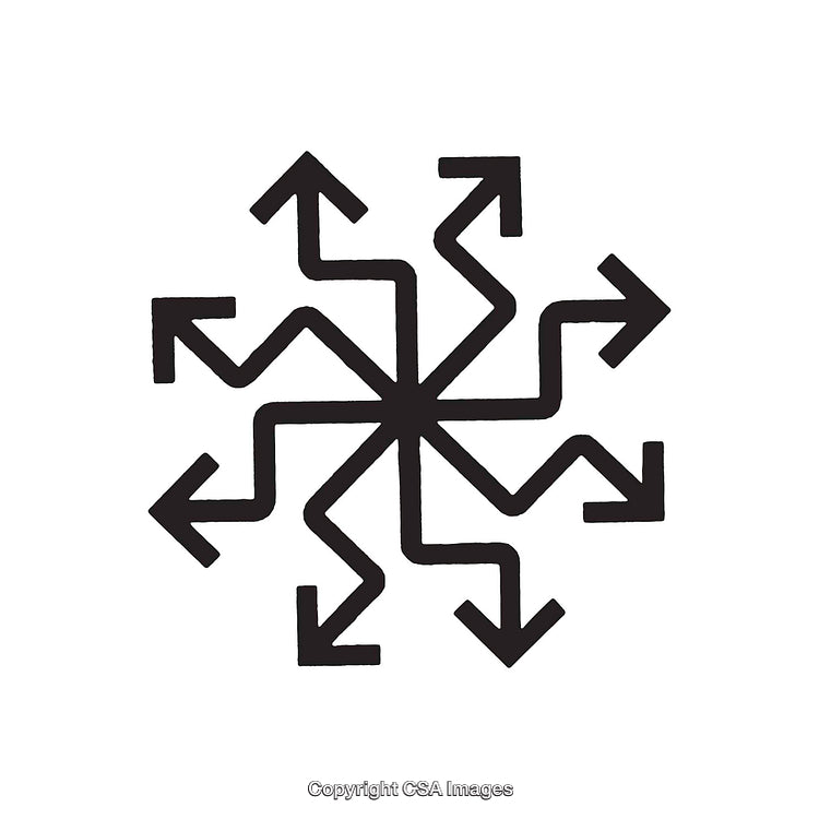 Black and White Dingbat Symbol with Arrows Diverging in Multiple Directions