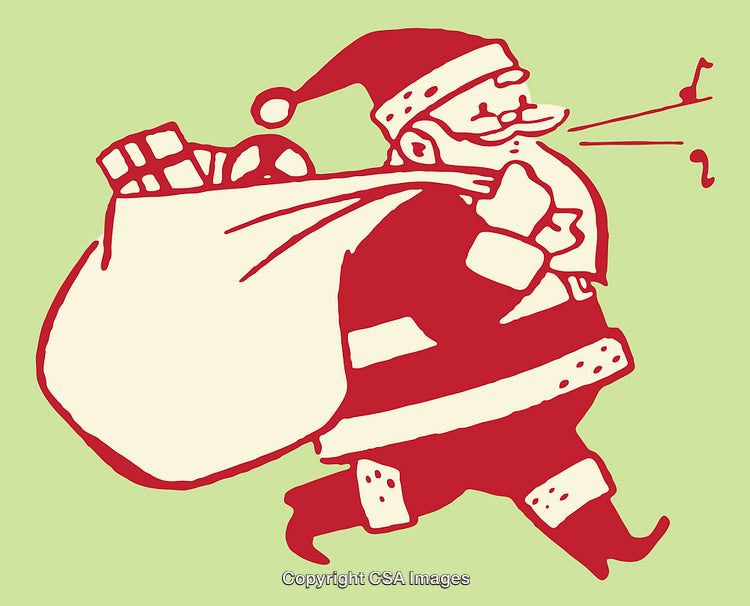Vintage Christmas Illustration of Santa Carrying a Sack of Gifts with Notes
