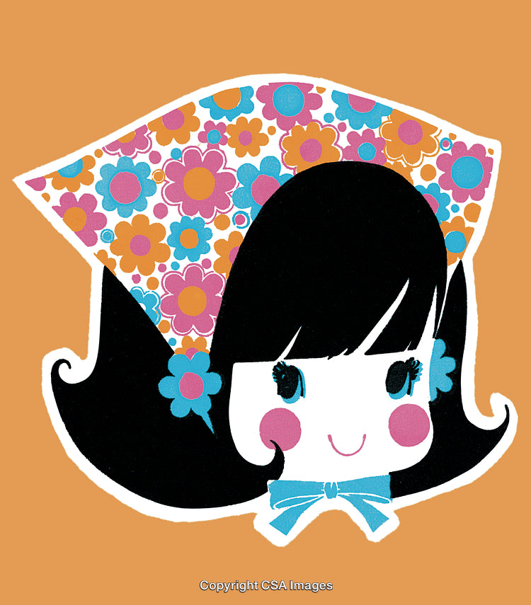Illustration of a Girl with a Floral Headscarf and Cheerful Expression