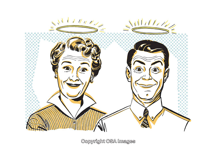 Retro-Style Illustration of a Smiling Couple with Golden Halos
