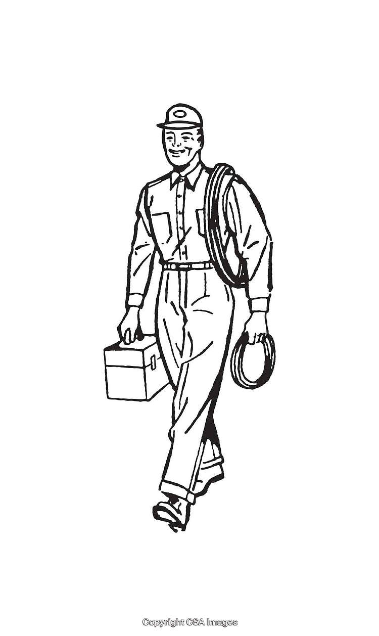 Vintage Illustration of a Technician Carrying Tools and Equipment