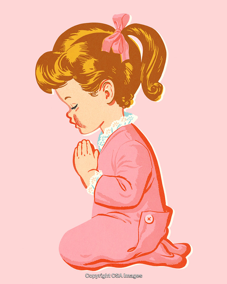 Vintage Illustration of Child Kneeling in Prayer With Hands Together