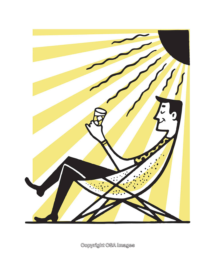 Illustrated Man Relaxing in Chair with Sunlight and Beverage