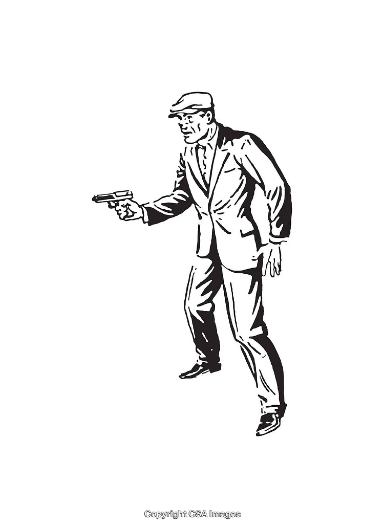 Retro Line Art Illustration of a Man Holding a Gun in Tense Pose