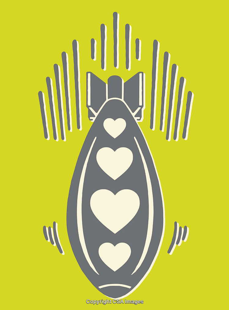 Heart-Adorned Line Art of a Bomb on Bright Yellow Background