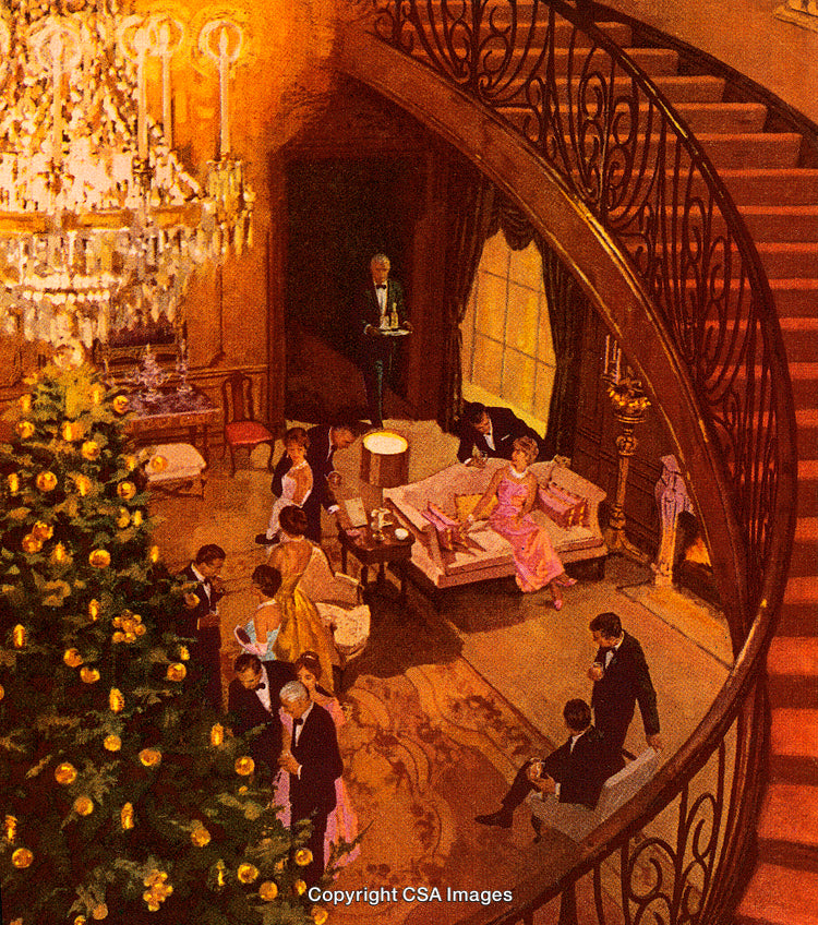 Elegant Holiday Celebration with Guests in a Lavish Home Decorated for Christmas