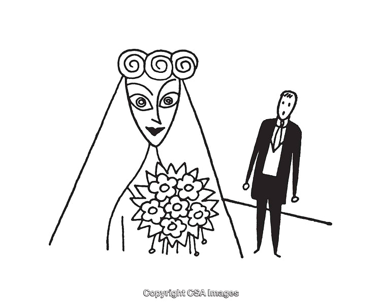 Cartoon Style Illustration of Bride and Groom in Wedding Scene