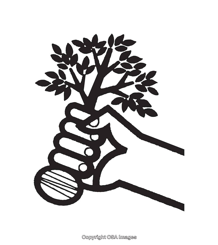 Black and White Line Art of a Hand Holding a Tree