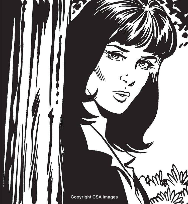 Stylized Illustration of a Woman Peeking Behind a Tree in Black and White