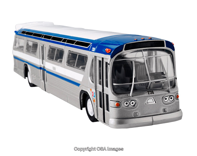 Vintage Bus Toy Model with Blue and White Design and Realistic Features