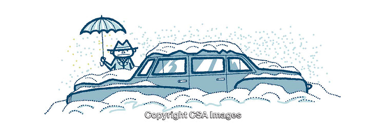 Cartoon Illustration of a Snow-Covered Vintage Car with Parasol Figure