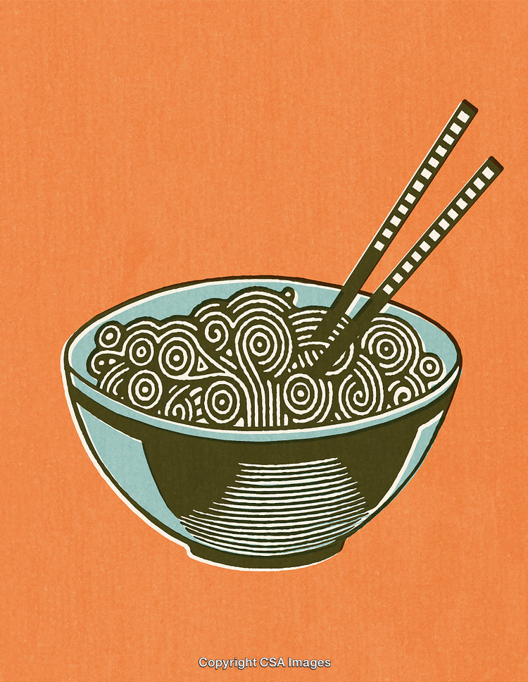 Illustration of a Bowl of Noodles with Chopsticks on Orange Background