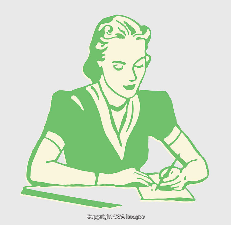 Vintage Inspired Illustration of Woman Writing in Color Line Art Style