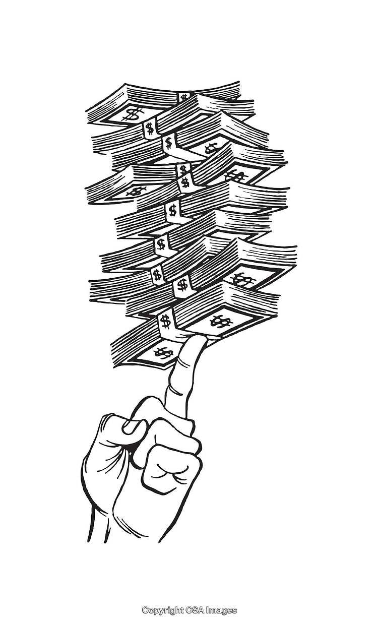 Hand Balancing Stack of Money Bills In Black and White Line Art