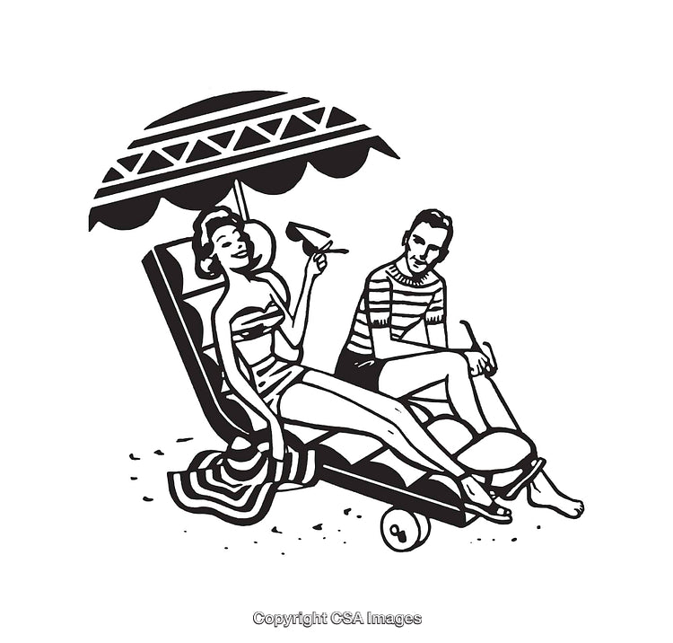 Retro Beach Illustration of a Couple Relaxing Under an Umbrella