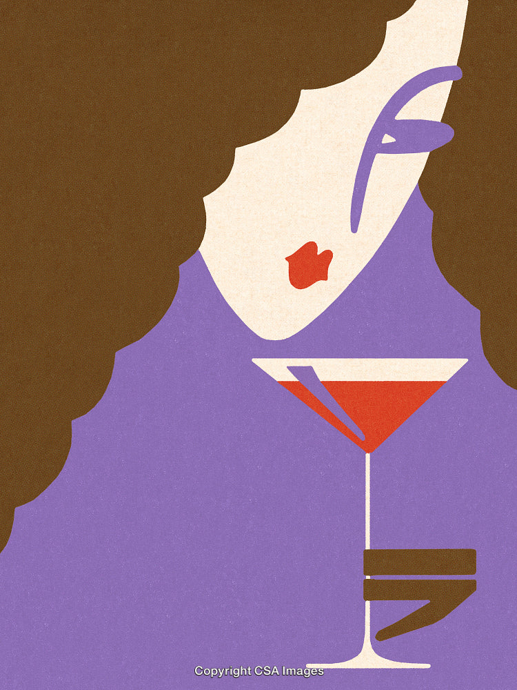 Elegant Illustrated Woman with Hair Holding Martini Glass in Modern Style