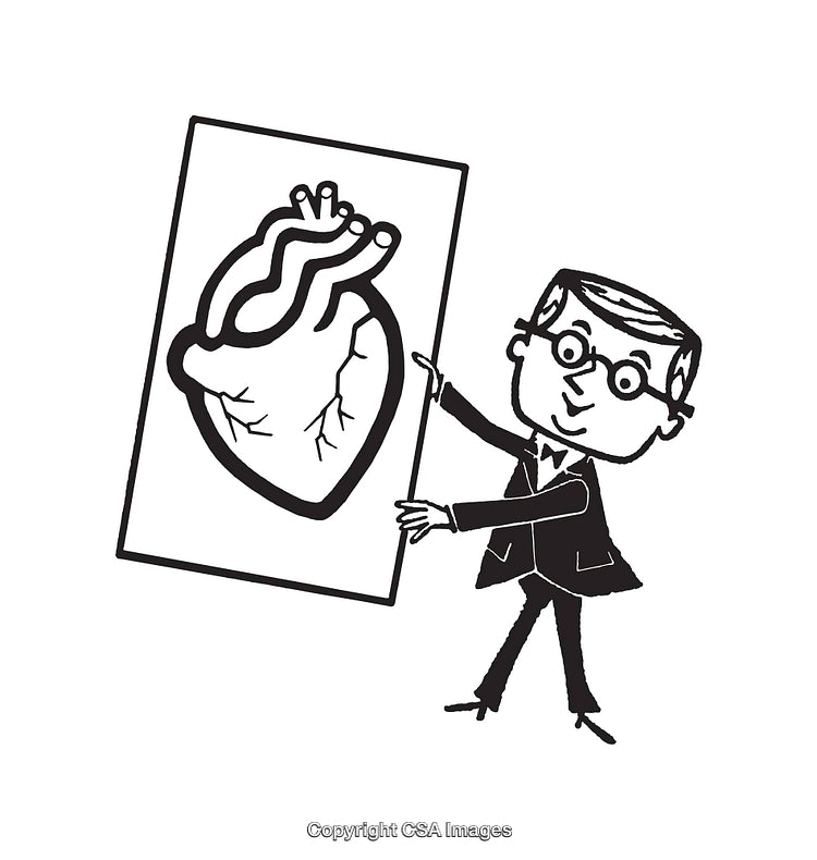 Black And White Illustration of a Man Presenting a Heart Diagram