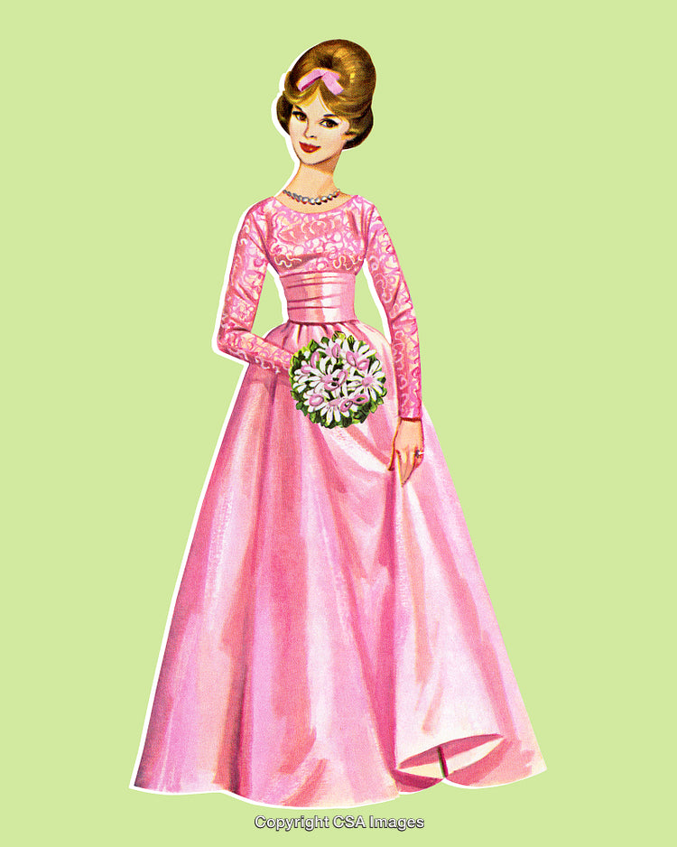 Elegant Woman in Pink Gown Holding Flowers on Pastel Background