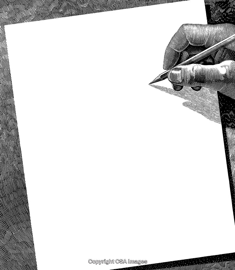 Detailed Black and White Engraving of a Hand Writing on Blank Paper