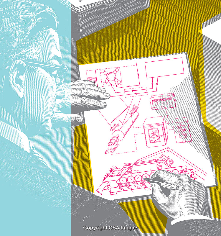 Engineer Analyzing Technical Schematics Featuring Innovative Mechanical Designs