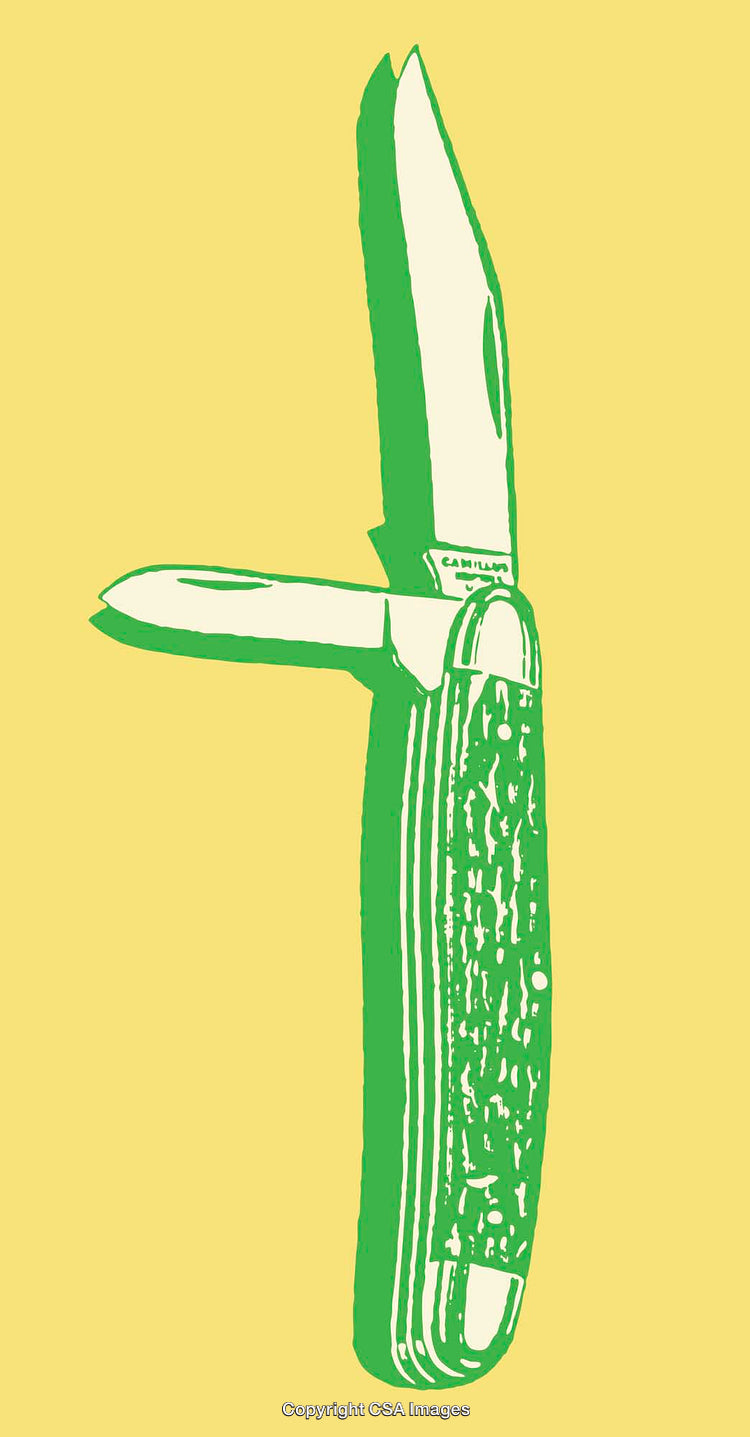 Vintage Style Folding Knife Line Art on Yellow Background
