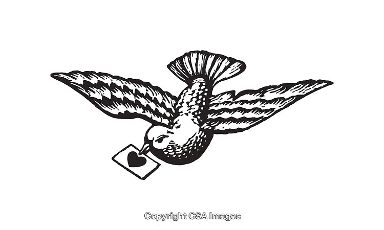 Black and White Illustration of a Bird Carrying a Letter