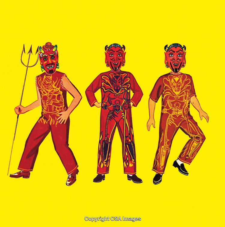 Vintage Halloween Costumes Featuring Three Demon Figures on a Yellow Background