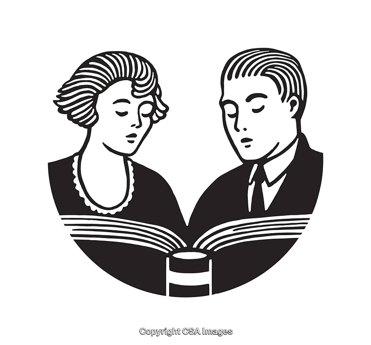 Black and White Line Art Illustration of a Couple Reading Together