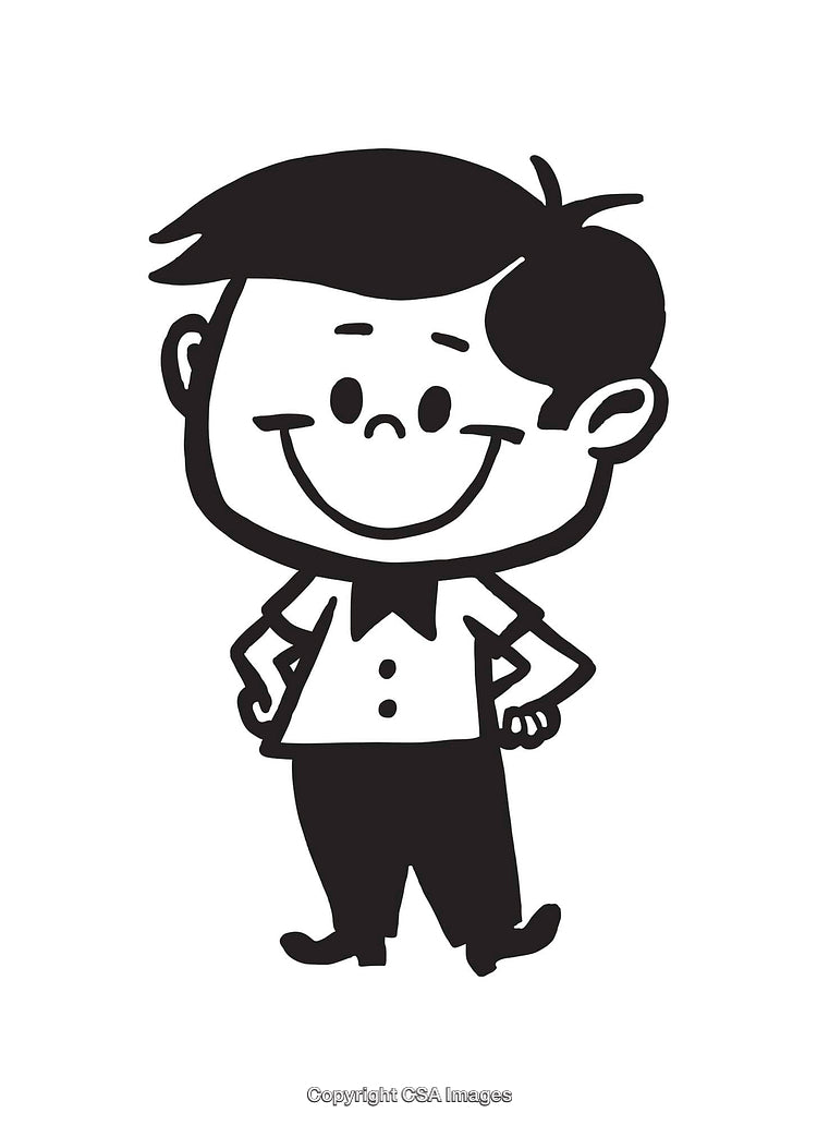 Smiling Cartoon Boy Character in Black and White Line Art Style