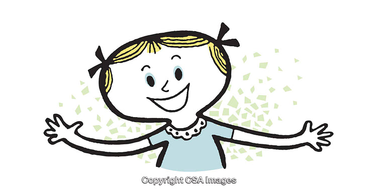 Cartoon Illustration of a Smiling Girl with Open Arms and a Cheerful Vibe