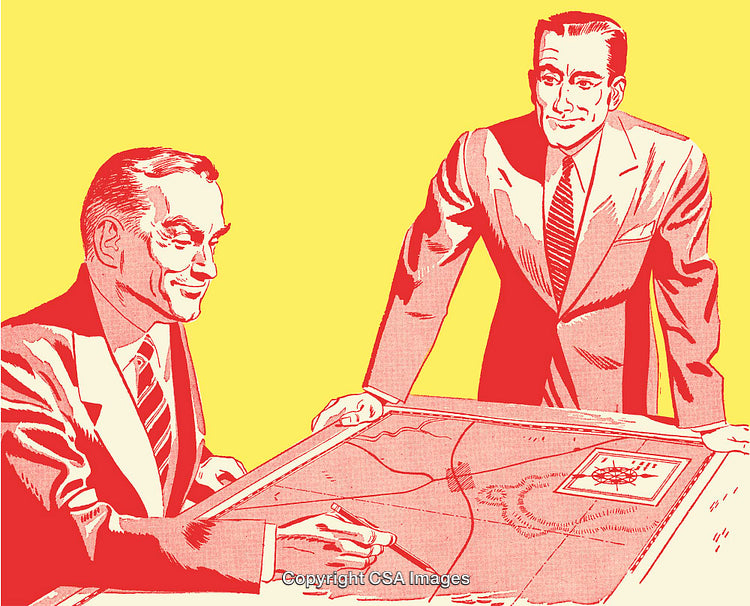 Retro Style Illustration of Two Businessmen in a Planning Session