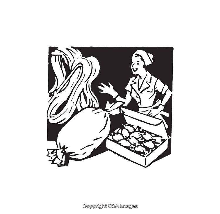 Vintage Style Black and White Illustration of Market Produce Scene