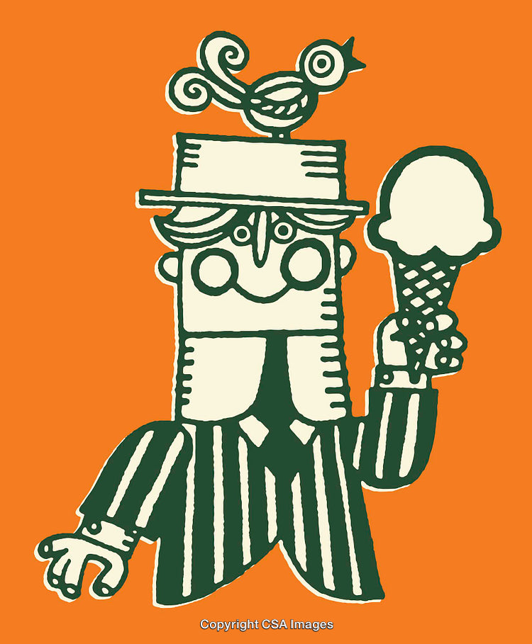 Whimsical Line Art of a Character with Ice Cream and Bird Hat