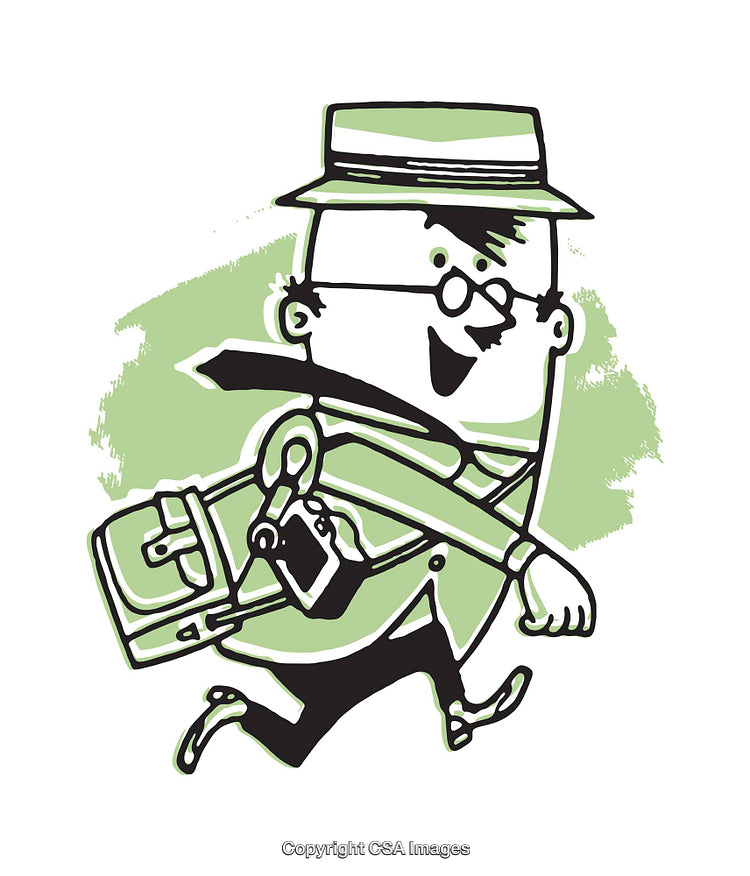 Vintage Illustration of a Happy Traveler Carrying a Briefcase