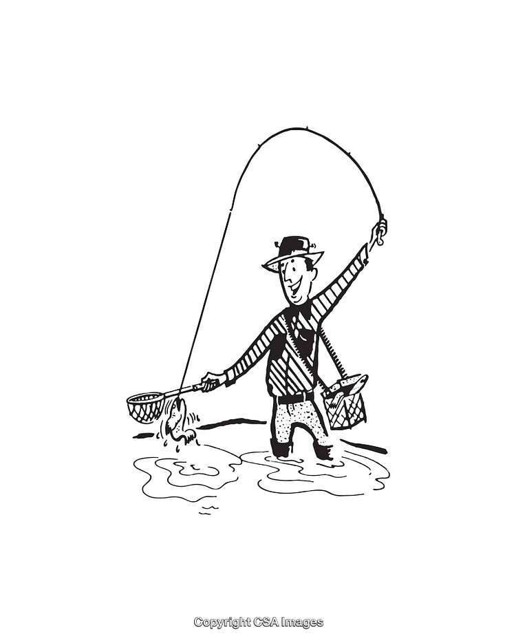 Black and White Drawing of a Fisherman Catching a Fish in Water