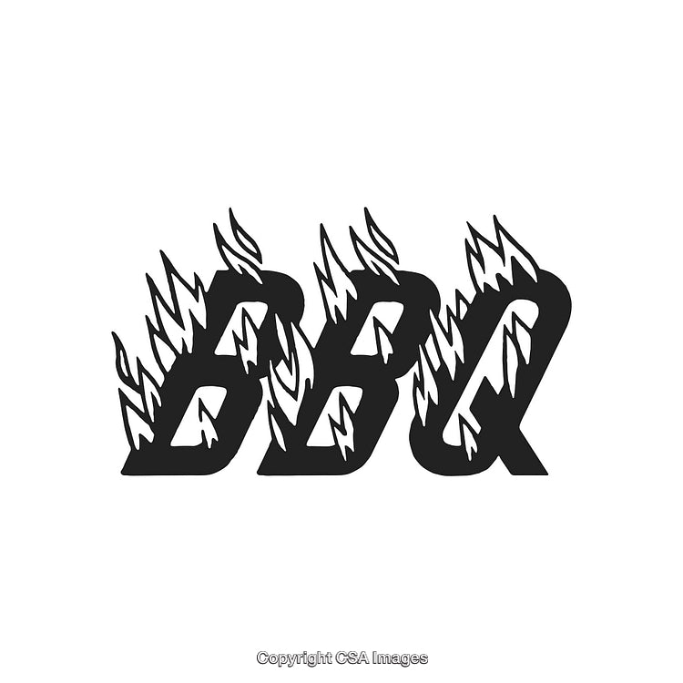 BBQ Letters with Decorative Flame Motif on White Background