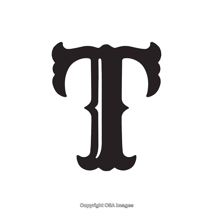Ornate Black Letter T with Decorative Serif Detailing Isolated on White Background