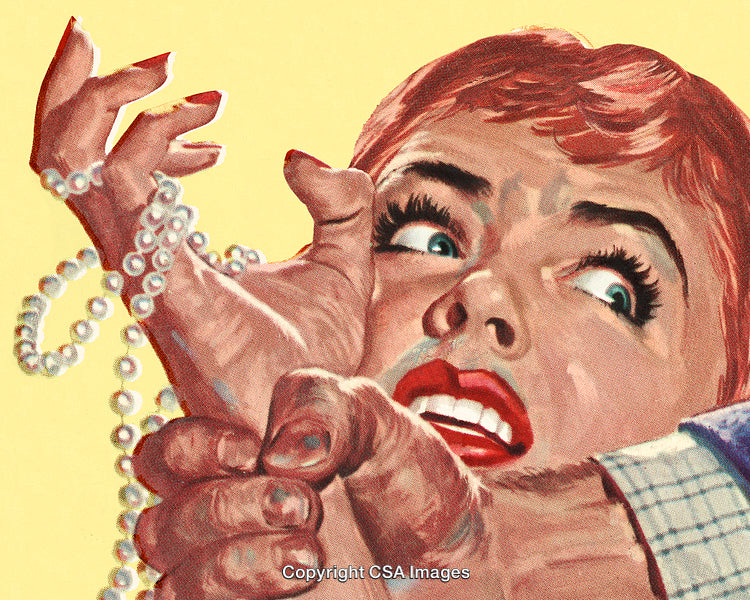 Vintage Illustration of Distressed Woman Grasping a Pearl Necklace in Fear