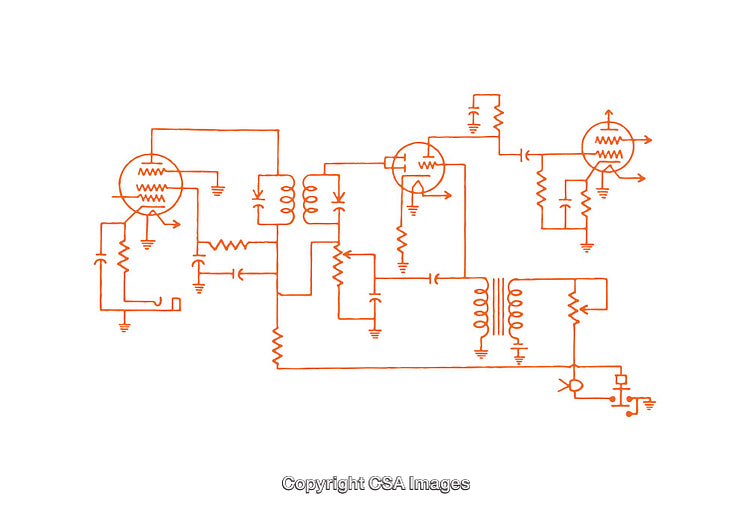 Detailed Circuit Diagram of Electrical Components and Tubes in Orange Sketch