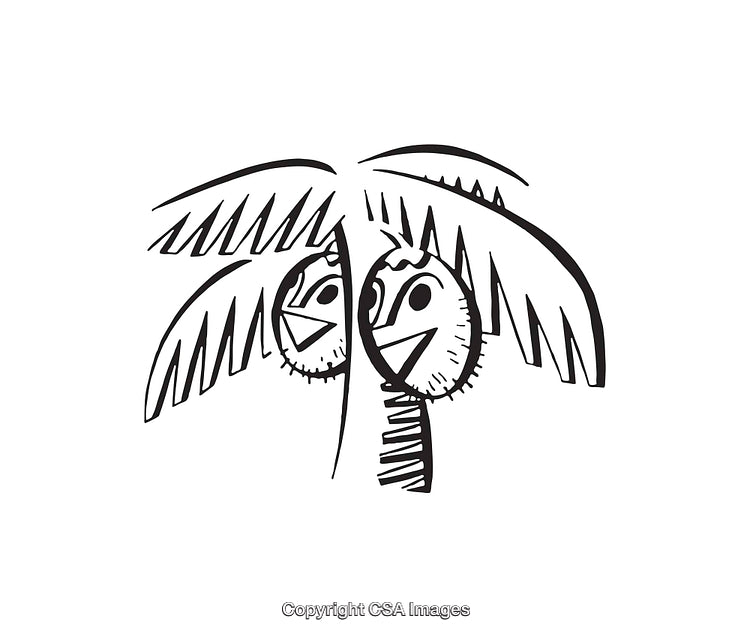 Playful Palm Tree Illustration With Quirky Coconut Faces Art