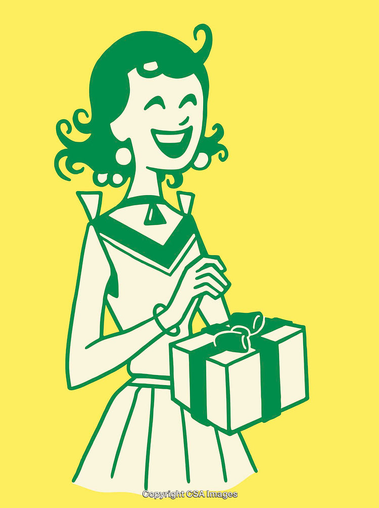 Vintage Style Line Art of a Happy Woman Receiving a Gift