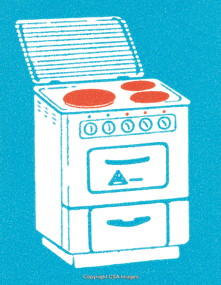Stylized Illustration of a Vintage Stove with Blue Background