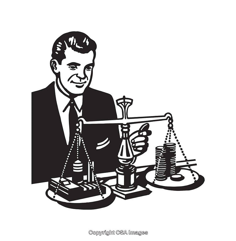 Vintage Businessman Weighing Money on a Scale in Line Art Illustration