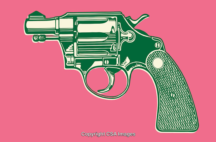 Colorful Retro Revolver Line Art Against Solid Pink Background