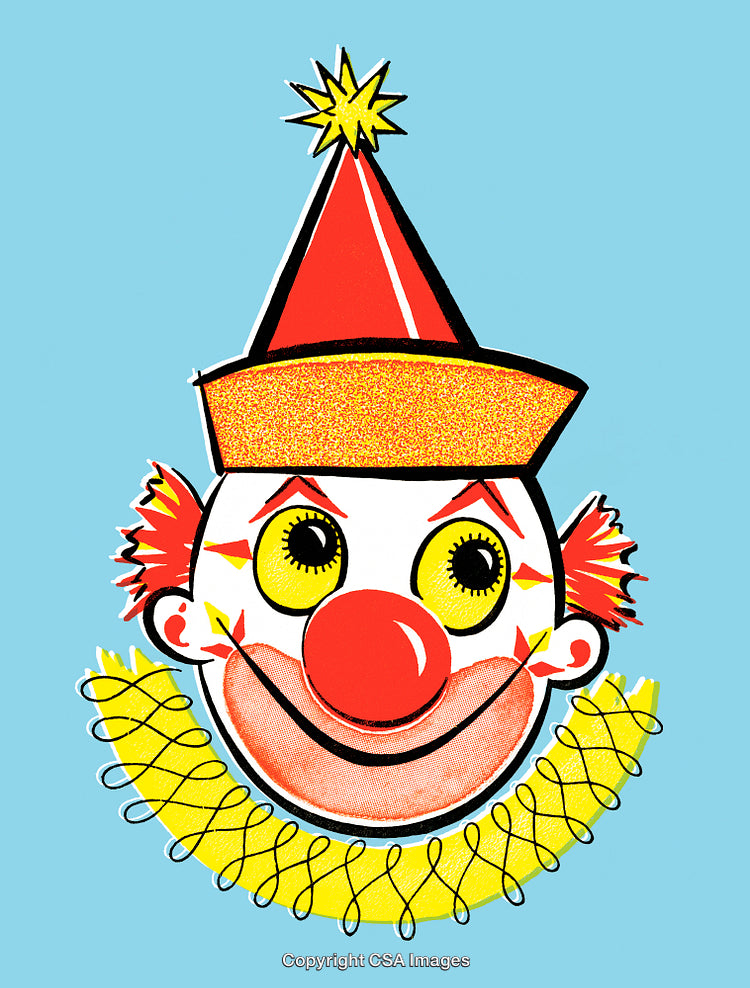Colorful Illustration of a Smiling Clown Face with a Party Hat